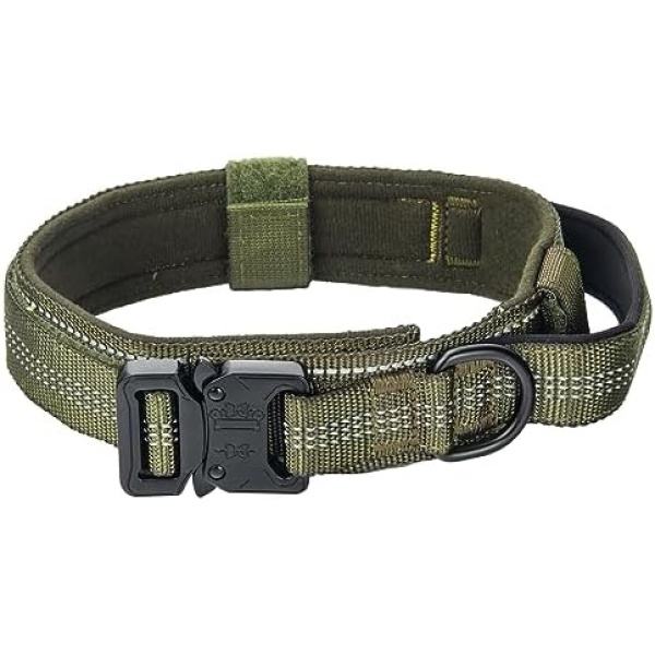 petopet Tactical Dog Collar, Adjustable Military Training Collar with Soft Handle Reflective Nylon Straps Heavy Duty Metal Buckle for Medium Large Dogs, Green, L