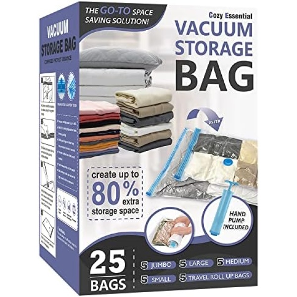 25 Pack Vacuum Storage Bags, Space Saver Bags (5 Jumbo/5 Large/5 Medium/5 Small/5 Roll) Compression Storage Bags for Comforters and Blankets, Vacuum Sealer Bags for Clothes Storage, Hand Pump Included