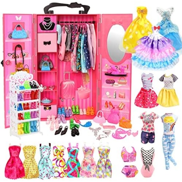 80 Pcs Doll Clothes Accessories, Closet Wardrobe, Shoes Rack, Fashion Dresses, Outfits Clothes Sets, 2 Swim Suits, 8 Mini Dresses, 20 Shoes Hangers, Bags, Crowns and Glasses, for 11.5 inch Dolls