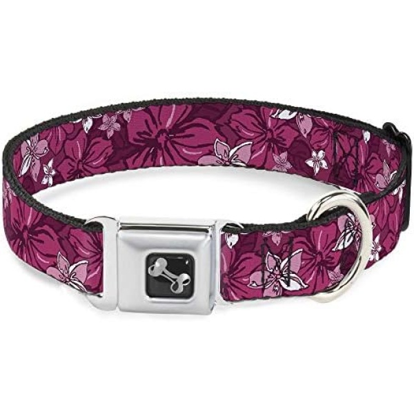 Buckle-Down DC-W30876-M Dog Collar Seatbelt, Hibiscus Collage Pink Shades, 1" x 11-17"