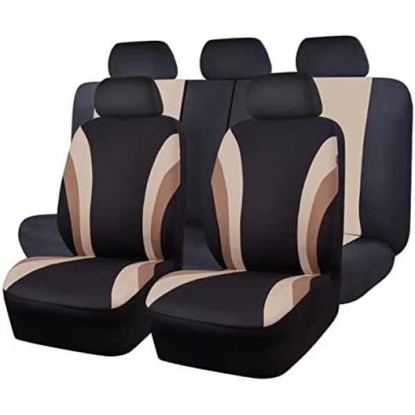 CAR PASS Line Rider Sporty Cloth 11PCS Universal Fit Car Seat Cover -100% Breathable with 5mm Composite Sponge Inside,Airbag Compatible,3zipper Bench(Full Set, Black and Beige)