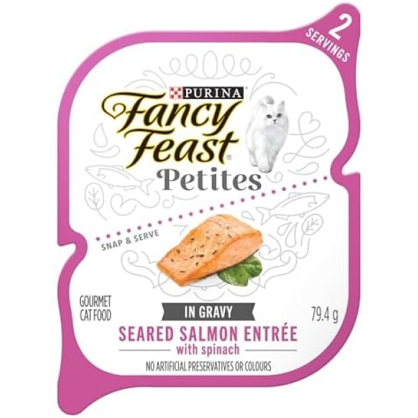 Fancy Feast Petites Wet Cat Food, Seared Salmon Entrée with Spinach in Gravy, Brown - 79.40 g (Pack of 12)