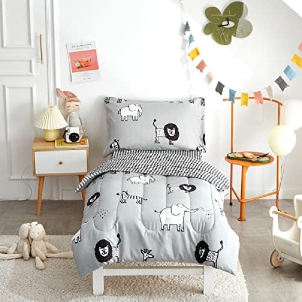 Flysheep 4 Piece Gray Grey Toddler Bedding Set with Multi Animals Printed for Baby Boys - Includes Quilted Comforter, Flat Sheet, Fitted Sheet & Pillow Case, Soft & Comfortable Microfiber