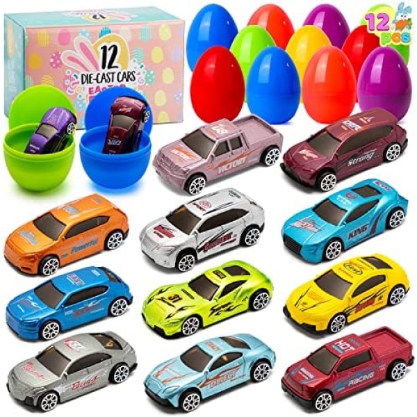 JOYIN 12 Pcs Die-Cast Car Filled Big Easter Eggs, Bright Colorful Prefilled Plastic Easter Eggs with Different Die-cast Cars for Kids Boys Easter Egg Hunt, Easter Basket Stuffers and Party Favors