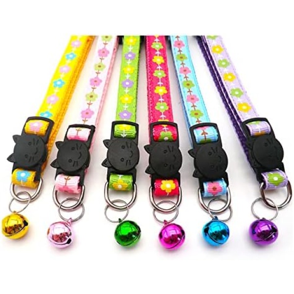 Jupsk Cat Collars with Bells,Pet Collars Safety Breakaway Buckle Kitten Collars with Bells Adjustable Pet Flowers Pattern Puppy Collars for Cat,Kitten,Puppy,6 Packs