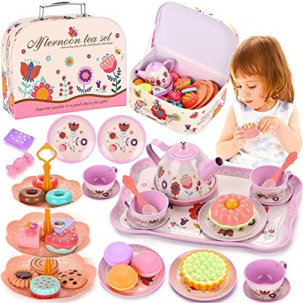 Kids Tea Set for Little Girls,Gift for Age 3 4 5 6 Year Old, Toddler Toys Tea Party Set for Little Girls, Princess Kids Kitchen Pretend Toy with Tin Tea Set, Desserts & Carrying Case (Flower Tin Teapot Set)