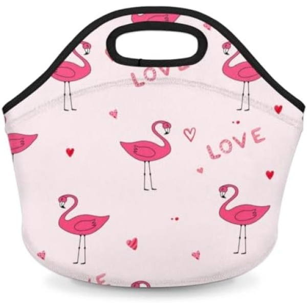 Lakiniss Neoprene Lunch Bag Valentine's Day Flamingo Love Reusable Tote Bags Cooler Thermal Meal Tote Kit Waterproof Food Carrying Lunch Handbag for Women Men Adult Work Gifts Picnic