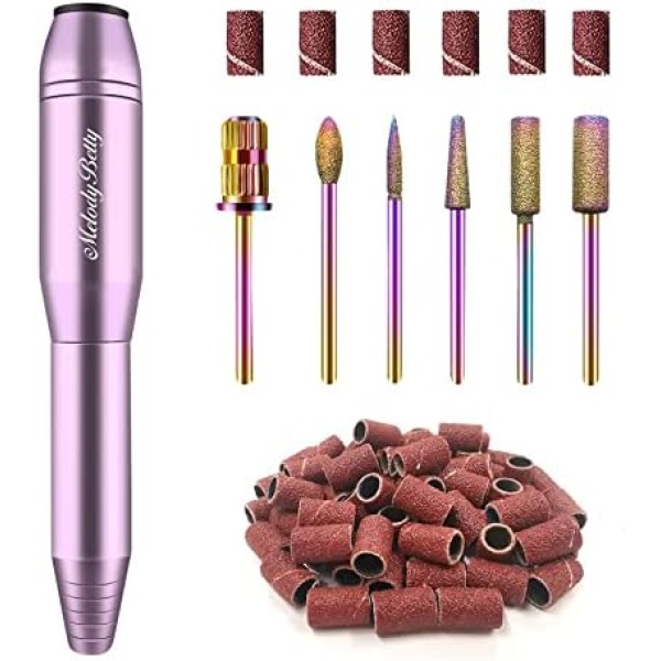 MelodyBetty Electric Nail Drill, Professional Acrylic Nail Drill Machine for Gel, Acrylic Nails, Portable USB Electric Nail File Efile Set with Iridescent Nail Drill Bits, Manicure Pedicure Nail Tools