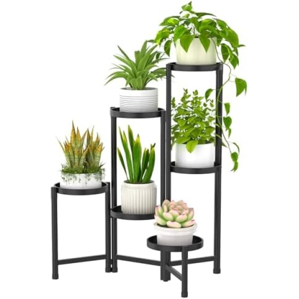 Msoesticc.dl 6 Tier Metal Plant Stand Tall Indoor Outdoor, Foldable Corner Plant Shelf for Multiple Plants, Tiered Flower Pot Stand Display Rack for Corner Balcony Garden Patio Living Room (Black)