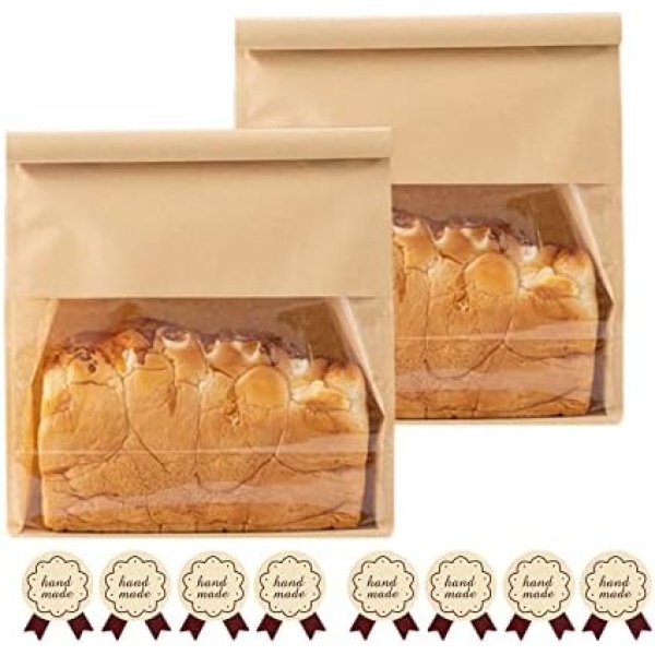 Pack of 50 Paper Bread Loaf Bag Kraft Food Packaging Storage Bakery Bag with Front Window, Tin Tie Tab Lock Kraft Paper Bags (11'' X 8.7'' X 4.3'') (Kraft)