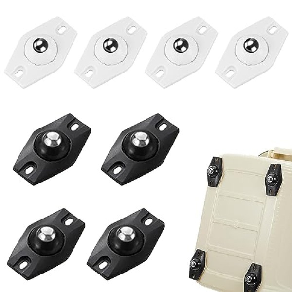 Rattmety Self Adhesive Mini Caster Wheels 8Pcs 360° Rotation Small Swivel Stainless Steel Rollers Paste Universal Wheel Sticky Pulley for Kitchen Appliances Bins and Storage Box Bottom, Black + White