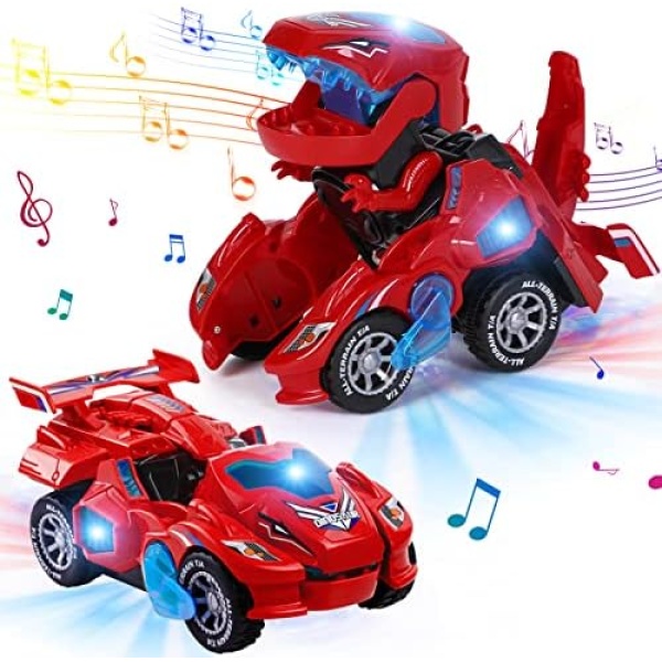 Refasy Transforming Dinosaur Toys for Kids Age 3-4,Electric Deformation Dinosaur Car Kids Robot Vehicle Toy Car for Boys Dinosaur Deformation Car Dino Toys Best Birthday Xmas Gifts Age 8-12 Red