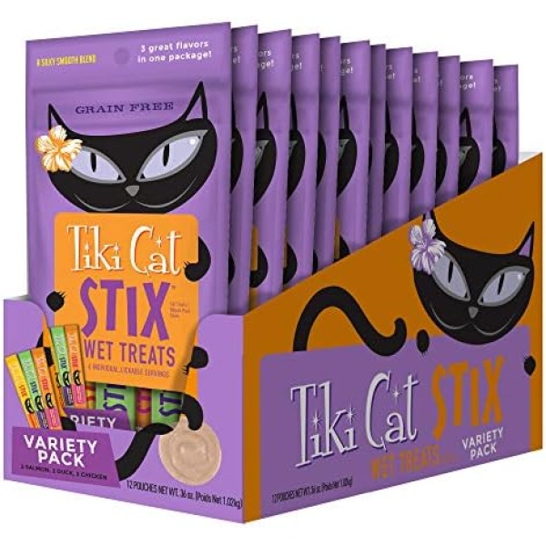 Tiki Cat STIX Wet Lickable Grain-Free Cat Treats in Variety Pack, 72 Stix Per Case