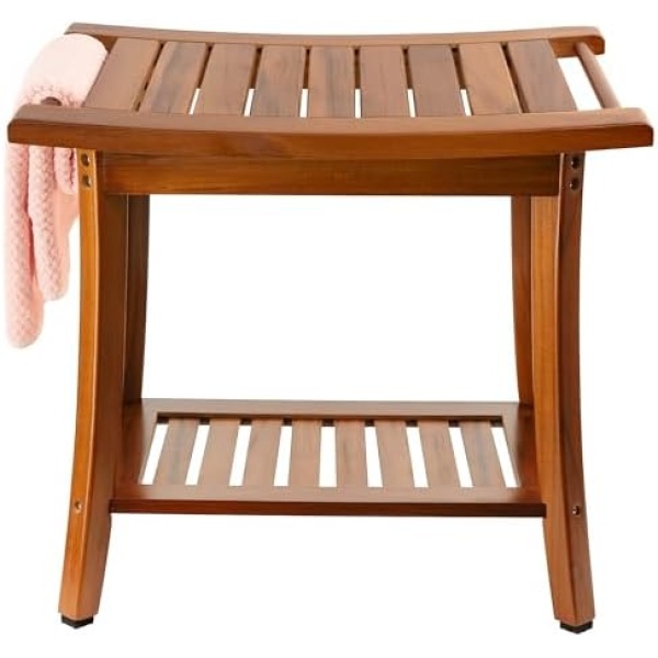 Utoplike Teak Shower Bench Seat with Handles, Portable Wooden Spa Bathing Stool with Storage Towel Shelf, 55.9cm x33cmx 47.2cm,Waterproof,Perfect for Indoor and Outdoor Use