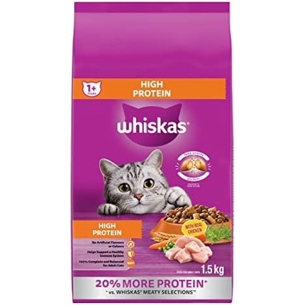 WHISKAS Adult Dry Cat Food - High Protein with Real Chicken, 1.5kg Bag