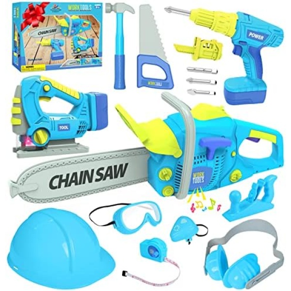 WishaLife Kids Tool Set for Boys - Toddler Boy Toy Tool Set with Toy Chainsaw, Electric Toy Drill, Pretend Play Construction Tools Toy Gifts for Kids Toddlers Boys Girls Ages 3 4 5 6 7 8 Year Old