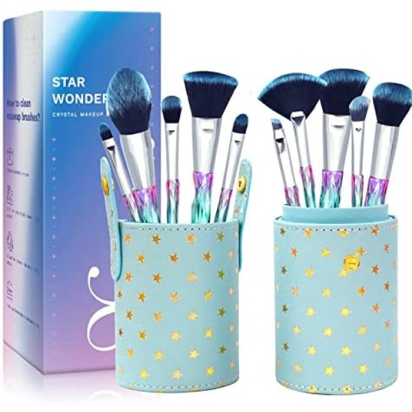 XMOSNZ Makeup Brushes 10pcs Make up Brushes Set Crystal Handle Set Eyeshadow Brush Foundation Brush Makeup Brush Sets with Makeup Brush Holder (10 Piece Sets, Lake Blue)
