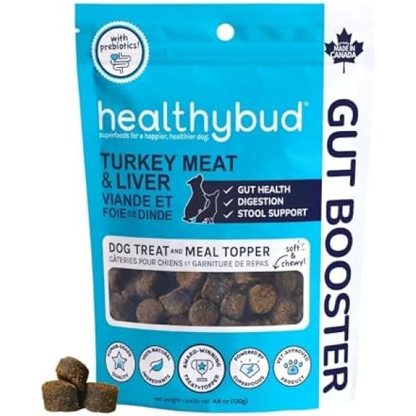 healthybud Turkey Liver Dog Probiotic Chews for Gut Health - Healthy Sensitive Stomach Puppy Treats and Food Toppers with Prebiotic, Fiber, and Digestive Enzyme Supplement for Stool Support, 4.6oz