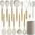 Silicone Cooking Utensils Kitchen Utensil Set – Heat Resistant Kitchen Utensils Spatula Set with Holder,Wooden Handle Silicone Kitchen Tools Gadgets for Non-Stick Cookware,BPA Free Khaki